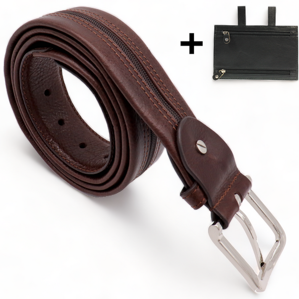 Moneybelt  - Gratis Leren Riemtasje - Bruin Riemtasje - Riem Met Rits - Riem Met Geheimvak