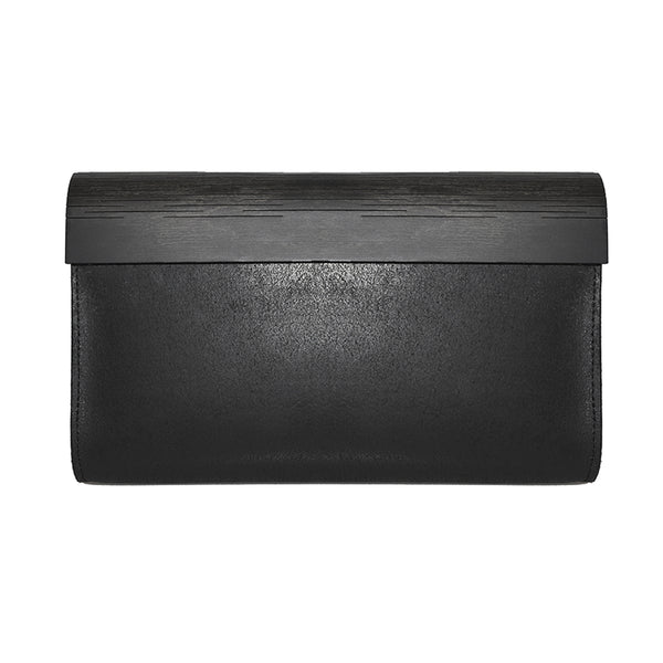 Clutch made of shiny black wood and leather